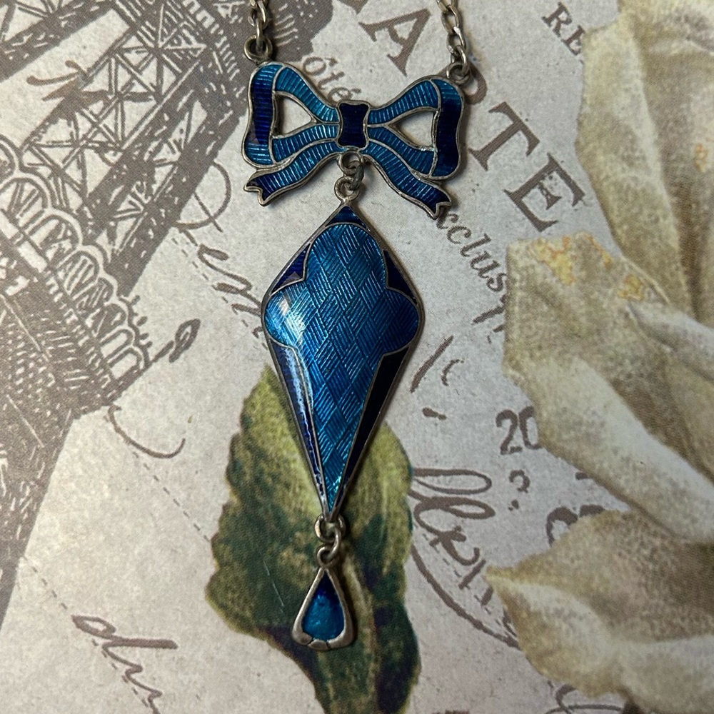 STUNNING VICTORIAN GUILLOCHE ENAMEL STERLING PENDANT NECKLACE